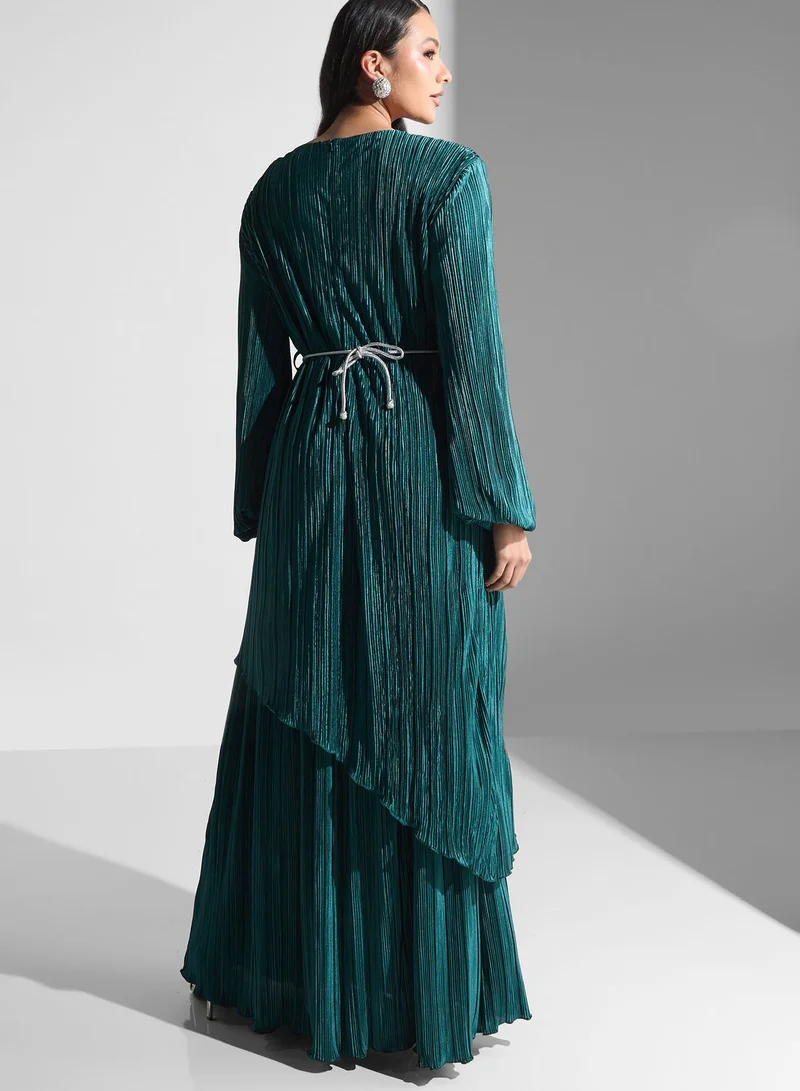 Golden Apple Plisse Belted Dress