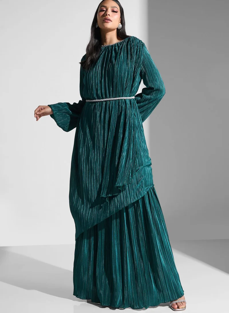 Golden Apple Plisse Belted Dress