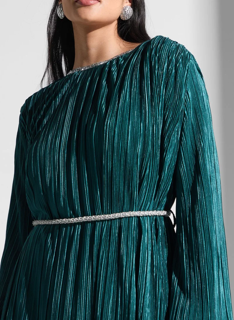 Golden Apple Plisse Belted Dress