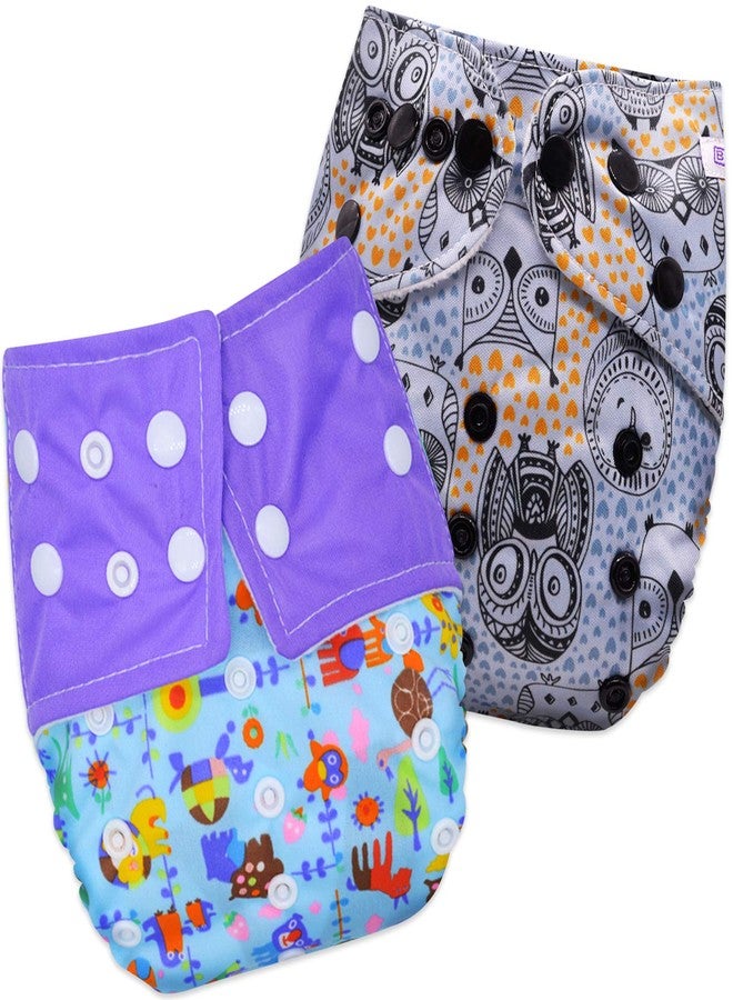 Bembika Cloth Diapers for Babies, Washable Reusable, Adjustable Sizes (2 Combo) (No Inserts Included)(Animal Doodle + Grey Owl) - Image 1