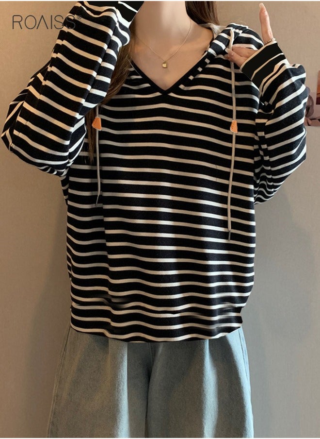 roaiss Women'S Casual Loose Hooded Pullover Classic Horizontal Stripe Hoodie Top With Short Front And Long Back  - Image 3