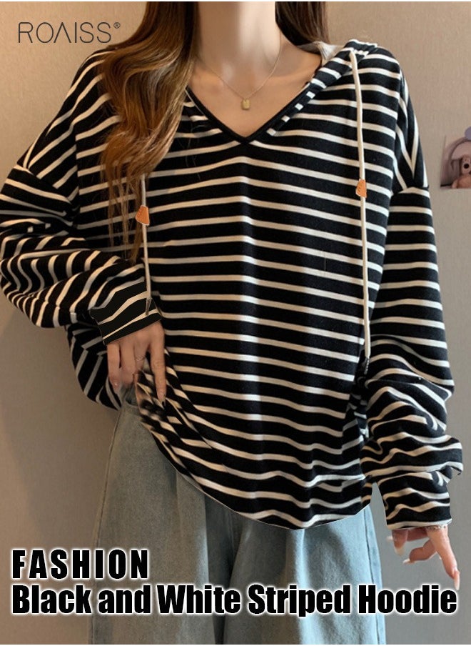 roaiss Women'S Casual Loose Hooded Pullover Classic Horizontal Stripe Hoodie Top With Short Front And Long Back  - Image 2
