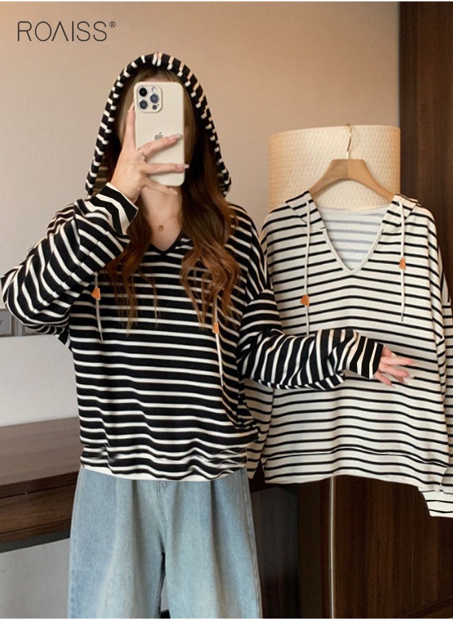 roaiss Women'S Casual Loose Hooded Pullover Classic Horizontal Stripe Hoodie Top With Short Front And Long Back  - Image 5