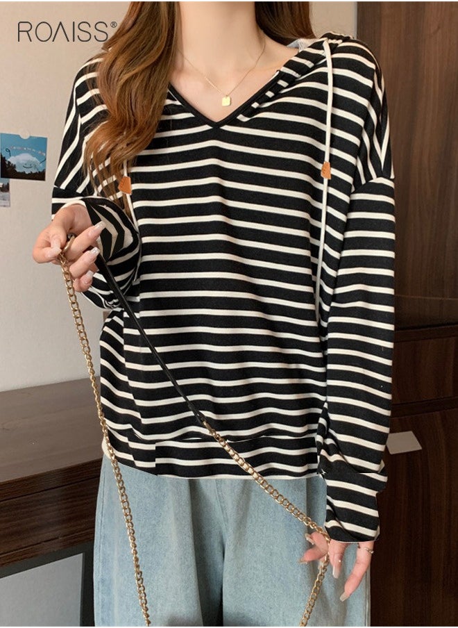 roaiss Women'S Casual Loose Hooded Pullover Classic Horizontal Stripe Hoodie Top With Short Front And Long Back  - Image 4