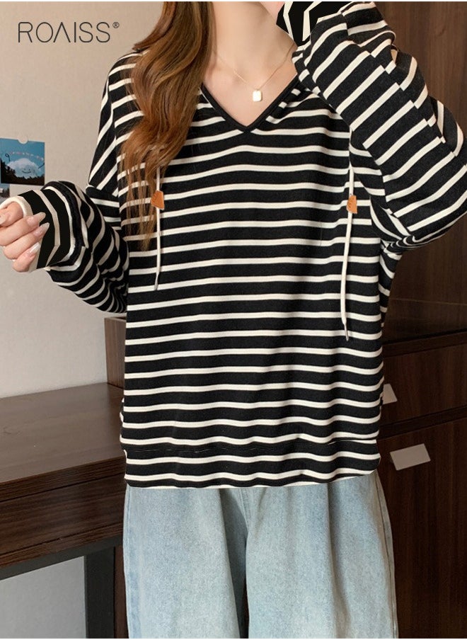 roaiss Women'S Casual Loose Hooded Pullover Classic Horizontal Stripe Hoodie Top With Short Front And Long Back  - Image 1