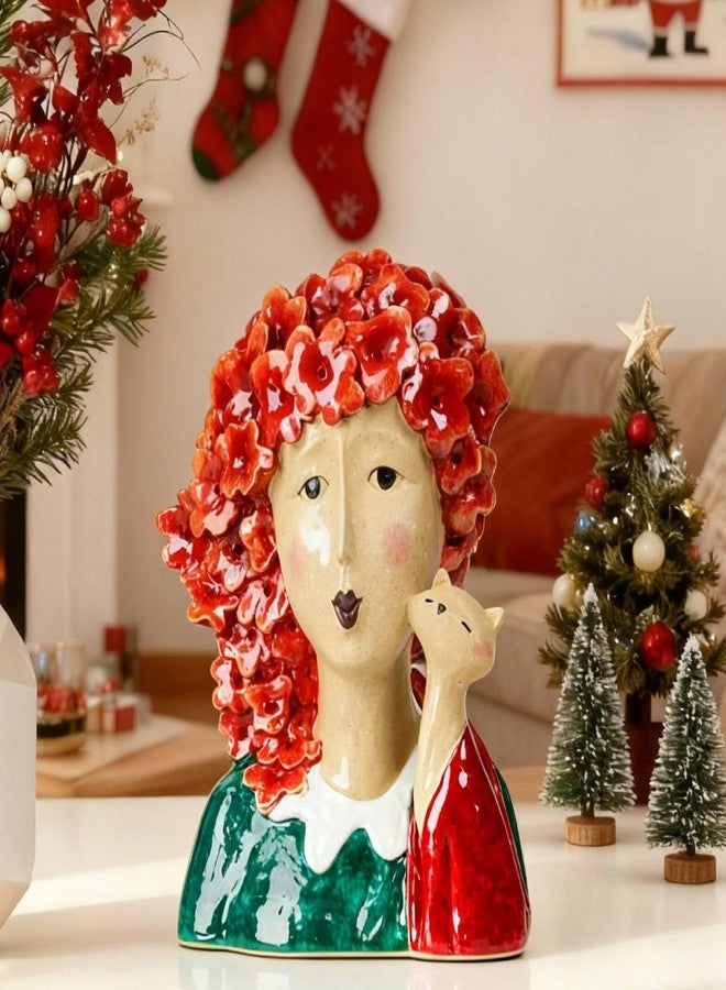 DiliComing Garden-Statues Women-Head Statues for Home Decor - 13 Inch Women with Cat Modern Art Statue, Resin Cat Sculptures for Patio, Tabletop, Bedroom, Office, Garden Home Décor (Red) - Image 2