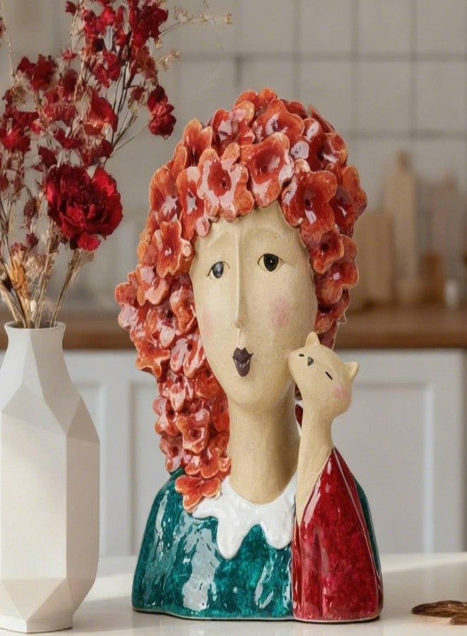 DiliComing Garden-Statues Women-Head Statues for Home Decor - 13 Inch Women with Cat Modern Art Statue, Resin Cat Sculptures for Patio, Tabletop, Bedroom, Office, Garden Home Décor (Red) - Image 1