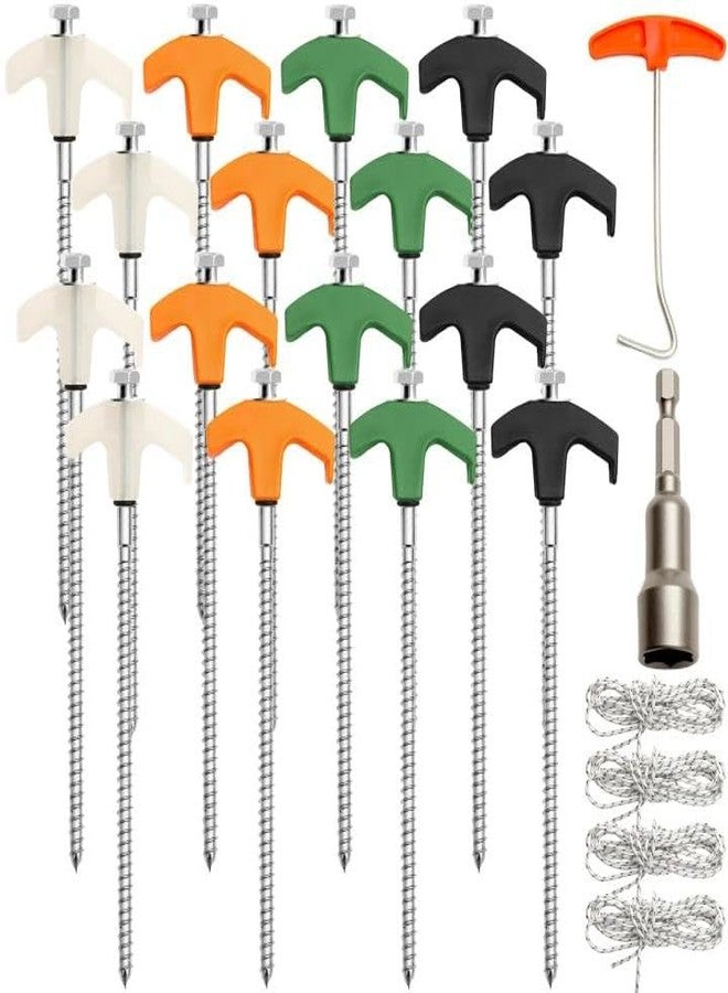 Swakuta 22 Pcs Screw in Tent Stakes Heavy Duty Kit Include 16 8 Inch Ground Anchor Tent Pegs 4x9.8ft Rope 1 Hex Head Driver 1 Stopper T Pull Hook for Backyards, Canopy, Garden and Outdoor Camping - Image 1