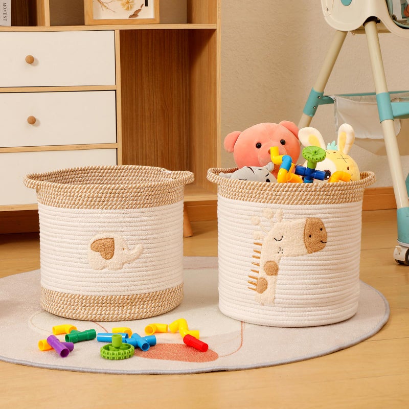 INough Toy Storage Baskets Woven Cotton Rope Storage Basket for Kids, Blanket Baskets for Living Room Toys Organizer with Embroidery Decor, Cute Baskets with Handle for Nursery, Playroom (Giraffe) - Image 3