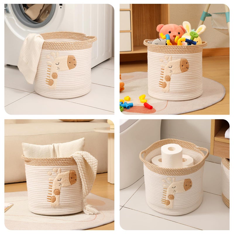 INough Toy Storage Baskets Woven Cotton Rope Storage Basket for Kids, Blanket Baskets for Living Room Toys Organizer with Embroidery Decor, Cute Baskets with Handle for Nursery, Playroom (Giraffe) - Image 4