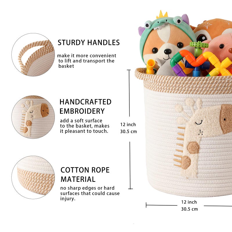 INough Toy Storage Baskets Woven Cotton Rope Storage Basket for Kids, Blanket Baskets for Living Room Toys Organizer with Embroidery Decor, Cute Baskets with Handle for Nursery, Playroom (Giraffe) - Image 5