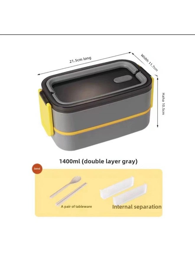 Double-layer Lunch Box With Handle Sealed Compartment Plastic Lunch Box Student Microwave Oven Heating Insulation Lunch Box-Specifications:Gray Double-layer Lunch Box 1400ml-free Tableware  - Image 1