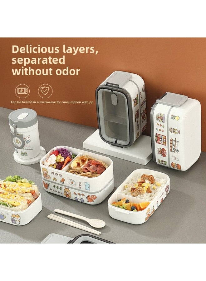 Double-layer Lunch Box With Handle Sealed Compartment Plastic Lunch Box Student Microwave Oven Heating Insulation Lunch Box-Specifications:Gray Double-layer Lunch Box 1400ml-free Tableware  - Image 2