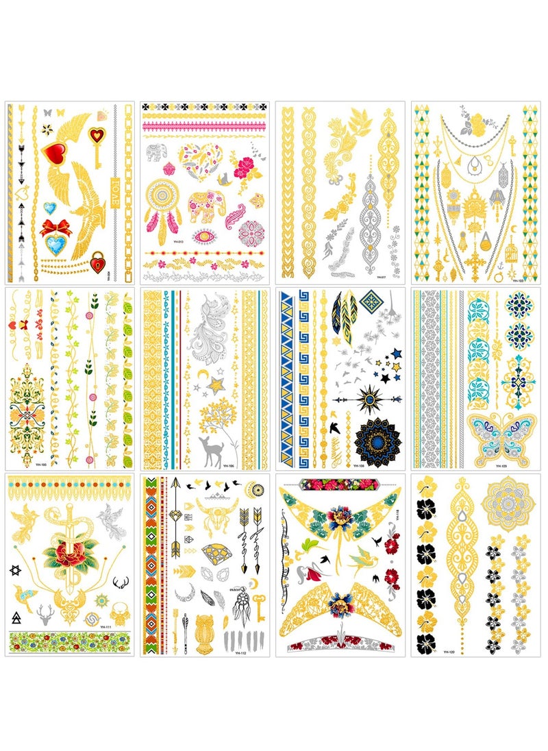 SYOSI Metallic Temporary Tattoos For Girls and Women, Gold Sliver Glitter Design Fake Tattoo, (12 Sheets)  - Image 1