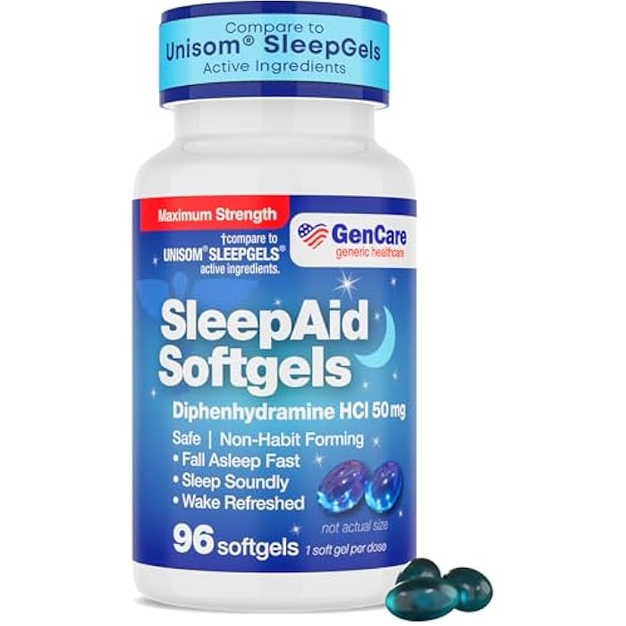 GenCare Maximum Strength Nighttime Sleep Aid Supplement for Adults Deep Sleep Pills with Diphenhydramine HCl 50mg to Fall Asleep Faster- Strong Non-Habit Forming PM Sleeping Relief [96 Softgels] - Image 1