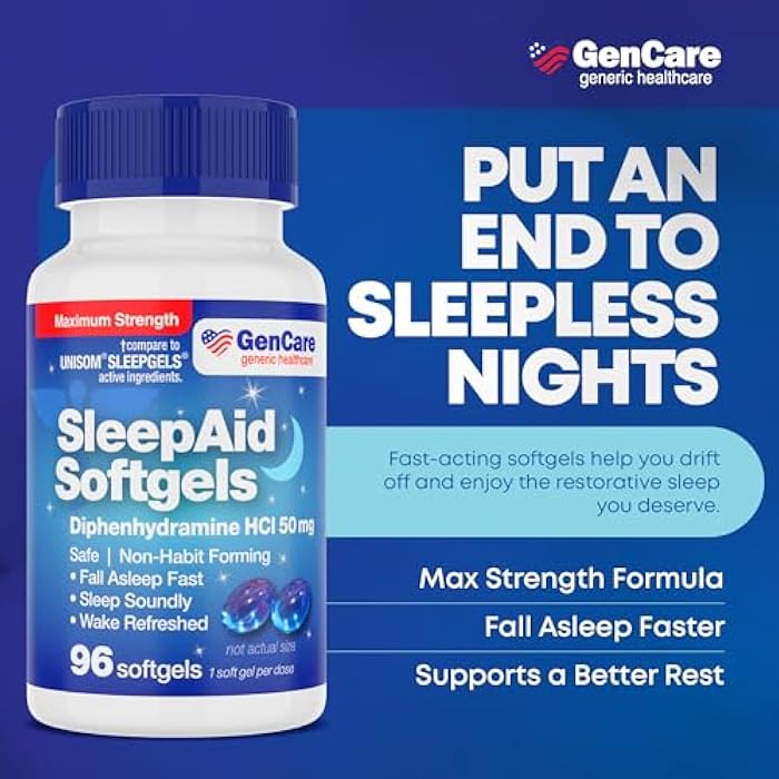 GenCare Maximum Strength Nighttime Sleep Aid Supplement for Adults Deep Sleep Pills with Diphenhydramine HCl 50mg to Fall Asleep Faster- Strong Non-Habit Forming PM Sleeping Relief [96 Softgels] - Image 2