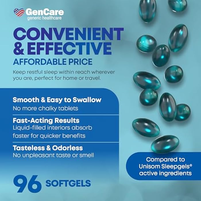GenCare Maximum Strength Nighttime Sleep Aid Supplement for Adults Deep Sleep Pills with Diphenhydramine HCl 50mg to Fall Asleep Faster- Strong Non-Habit Forming PM Sleeping Relief [96 Softgels] - Image 4