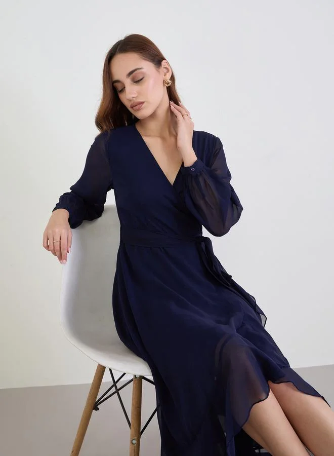 ستايلي فستان طويل ملفوف سادة بأكمام طويلة