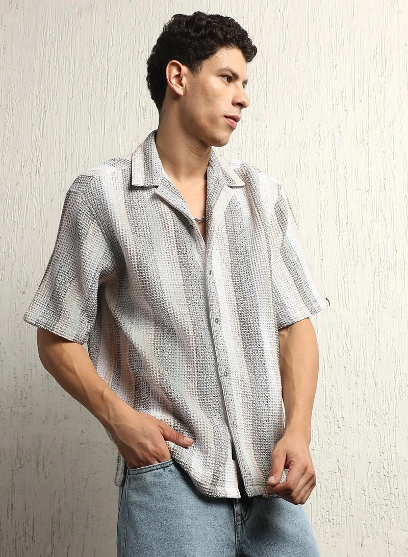Hubberholme Men's Green Waffle Striped Half Sleeve Resort Collar Shirt