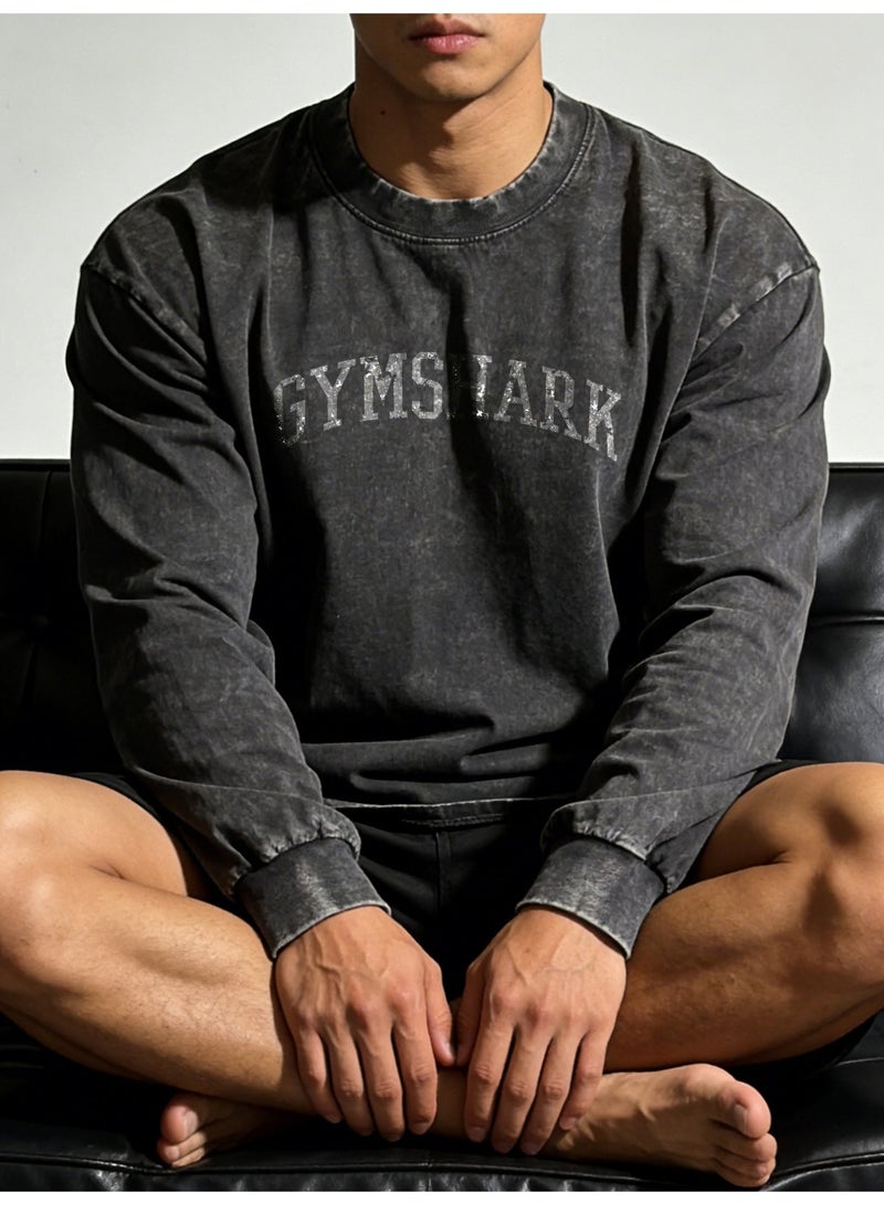 Gymshark Washed Black Long-Sleeve Shirt - Vintage Distressed Design, Soft Breathable Fabric, Bold Brand Logo, Unisex Fit for Gym & Daily Casual Styling - Image 3