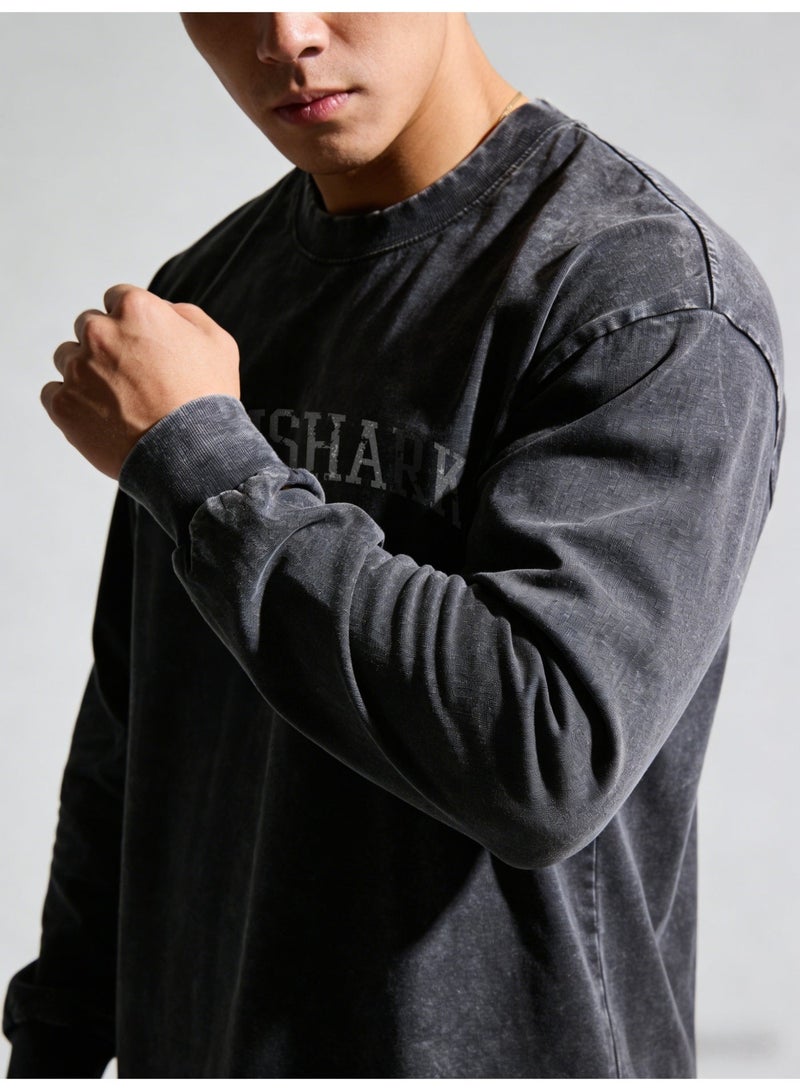 Gymshark Washed Black Long-Sleeve Shirt - Vintage Distressed Design, Soft Breathable Fabric, Bold Brand Logo, Unisex Fit for Gym & Daily Casual Styling - Image 2