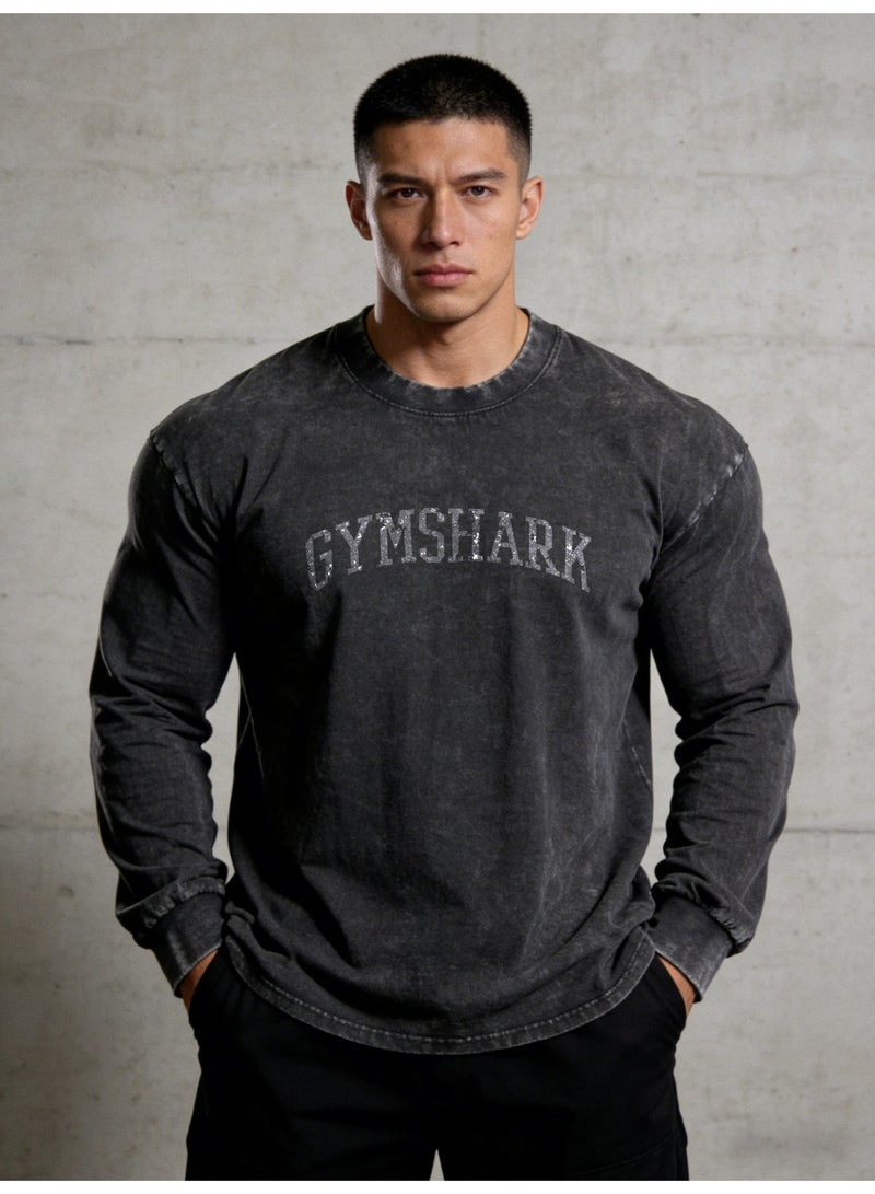 Gymshark Washed Black Long-Sleeve Shirt - Vintage Distressed Design, Soft Breathable Fabric, Bold Brand Logo, Unisex Fit for Gym & Daily Casual Styling - Image 1