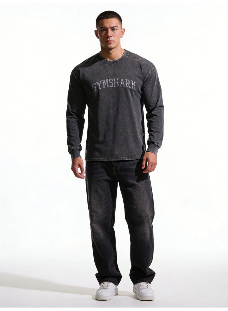 Gymshark Washed Black Long-Sleeve Shirt - Vintage Distressed Design, Soft Breathable Fabric, Bold Brand Logo, Unisex Fit for Gym & Daily Casual Styling - Image 5