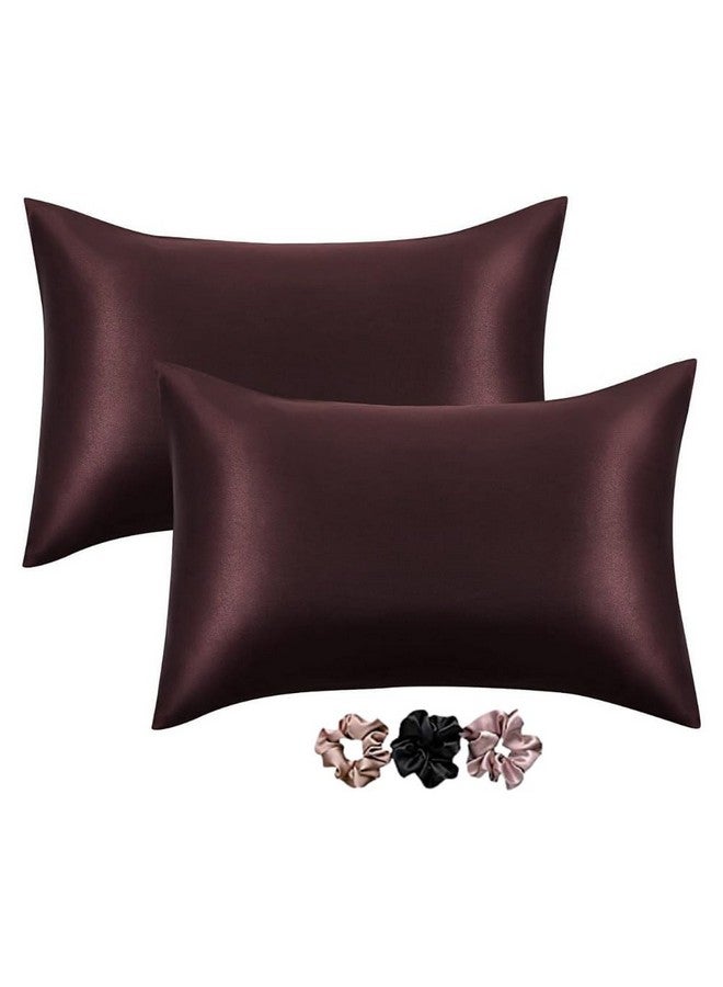 GO WELL Satin Silk Solid Pillow Covers 400 Tc Pack Of 2 For Hair And Skin-With Satin Scrunchies For Women Stylish|Satin Pillow Coves For Hair And Skin|Scrunchies For Women 3-Piece|Pillow Case(Brown) - Image 1
