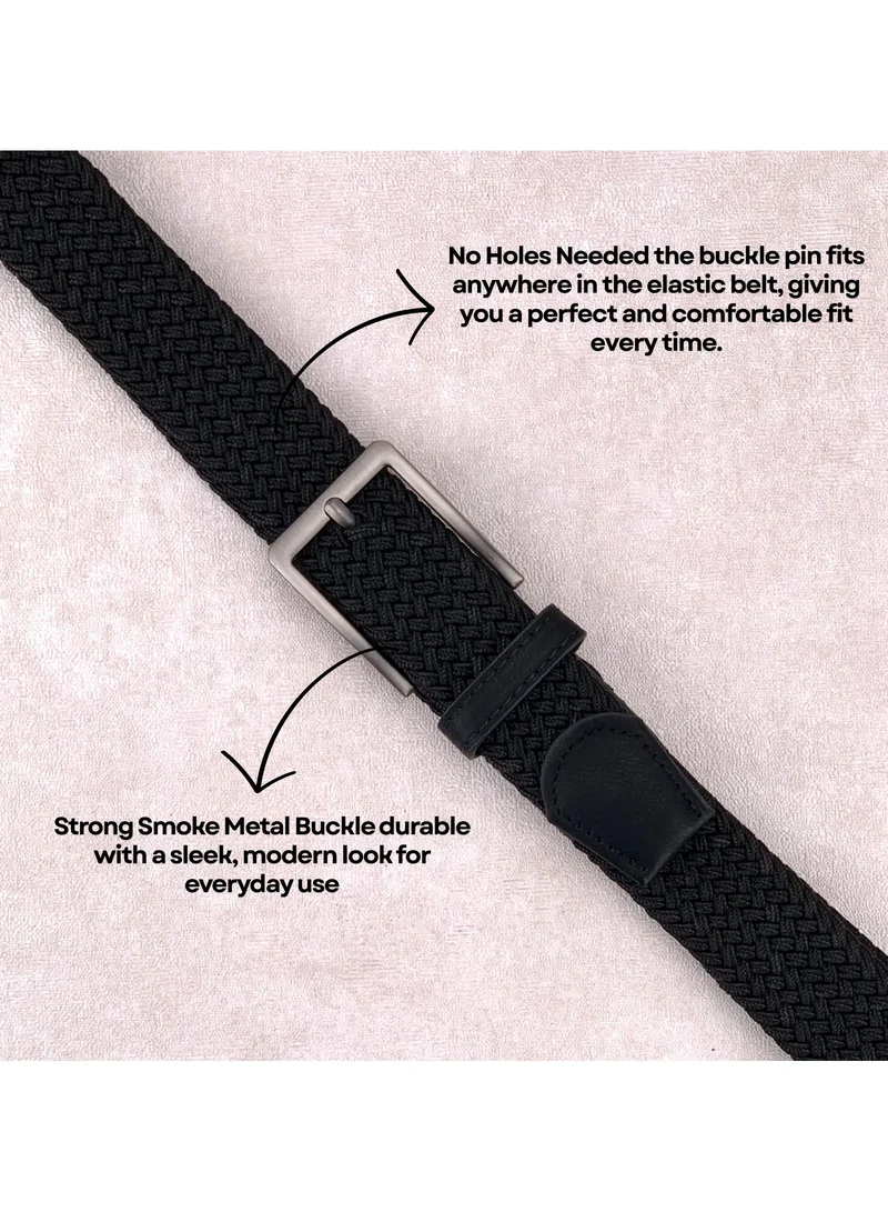 Classic Milano Black (DWE-315) Classic Milano Braided Cotton Elastic Stretch Belt for Men & Women, Woven Canvas Web Belt with Gift Box, Adjustable Men's Belt | Full Length: 110CM (Free Size - Fits up to the waist of 40 Inches / 100 CM)  | Best Price UAE