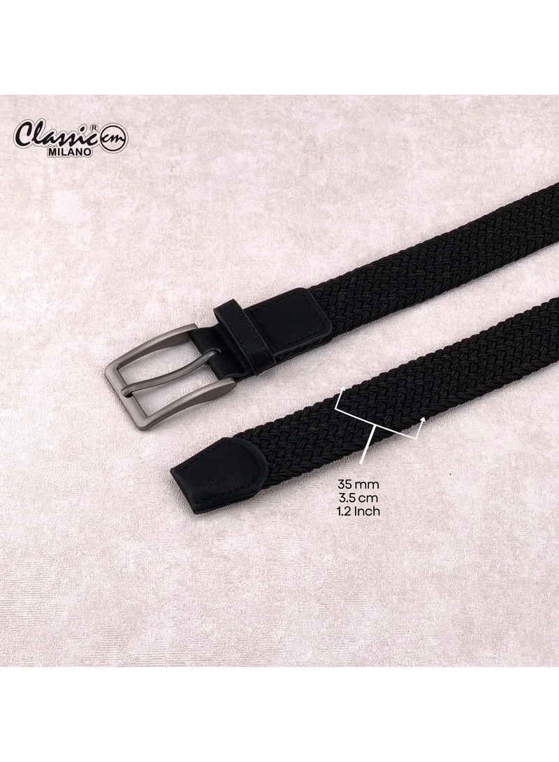 Classic Milano Black (DWE-315) Classic Milano Braided Cotton Elastic Stretch Belt for Men & Women, Woven Canvas Web Belt with Gift Box, Adjustable Men's Belt | Full Length: 110CM (Free Size - Fits up to the waist of 40 Inches / 100 CM)  | Best Price UAE