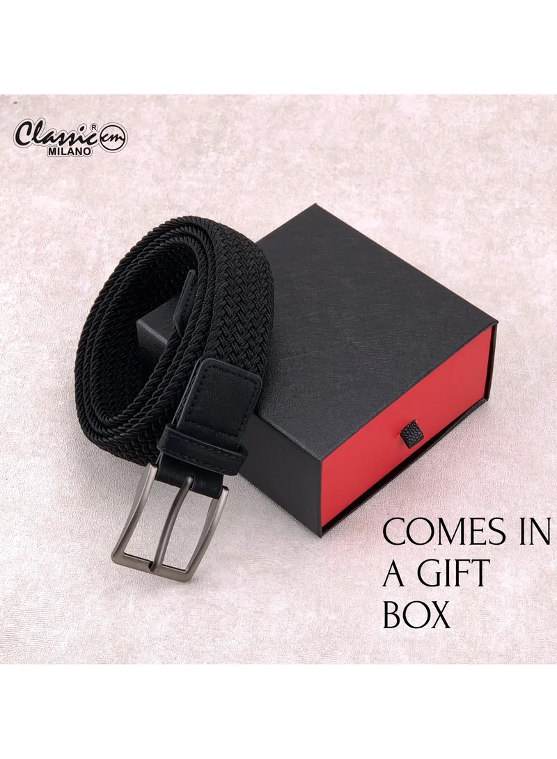 Classic Milano Black (DWE-315) Classic Milano Braided Cotton Elastic Stretch Belt for Men & Women, Woven Canvas Web Belt with Gift Box, Adjustable Men's Belt | Full Length: 110CM (Free Size - Fits up to the waist of 40 Inches / 100 CM)  | Best Price UAE