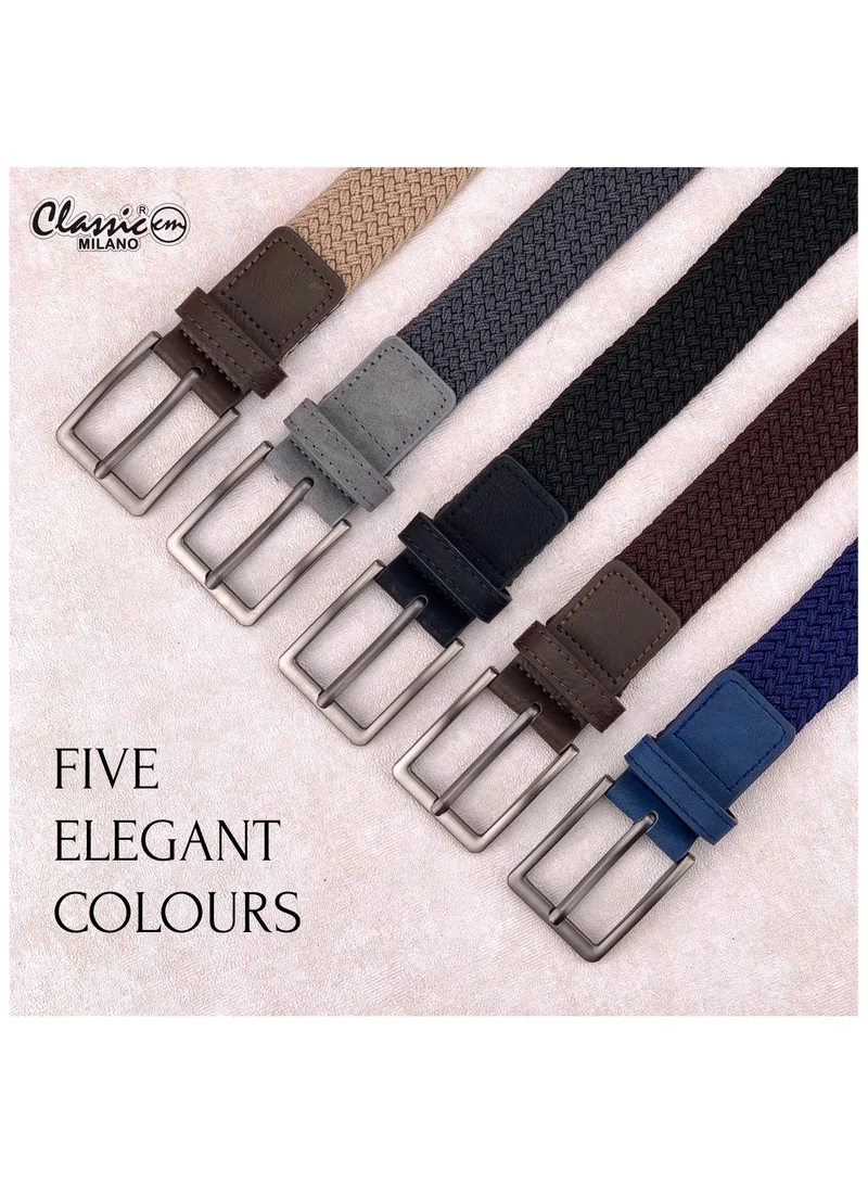 Classic Milano Black (DWE-315) Classic Milano Braided Cotton Elastic Stretch Belt for Men & Women, Woven Canvas Web Belt with Gift Box, Adjustable Men's Belt | Full Length: 110CM (Free Size - Fits up to the waist of 40 Inches / 100 CM)  | Best Price UAE