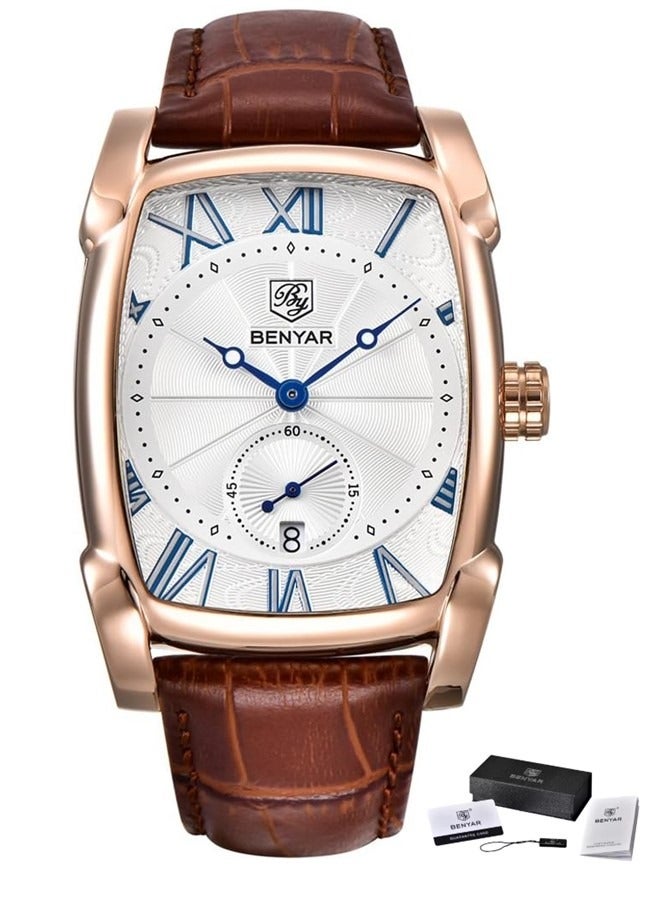 BENYAR Mens Luxury Rectangle Analog Quartz Watch – Waterproof Date Display Leather Strap Wristwatch for Casual, Formal Business Wear – 5114 - Image 1
