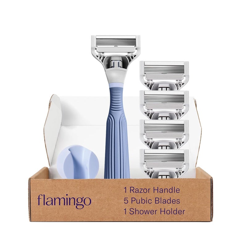 Flamingo Pubic Hair Razor for Women, Shaving Kit, 1 Pubic Razor Handle, 4 Five-Blade Refills, 1 Shower Holder, Starter Set, Full Kit - Image 1