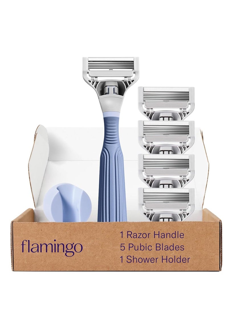 Flamingo Pubic Hair Razor for Women Starter Set, 1 Razor Handle, 4 Pubic Razor Five-Blade Refills, and 1 Shower Holder - Image 1