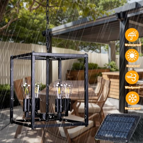 ALL FORTUNE Solar Chandelier Outdoor, 14" Farmhouse Waterproof Dimmable Hanging Pendant Lights for Gazebo, Pergola, Canopy Decor - Image 5