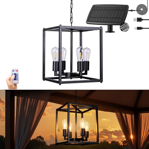 ALL FORTUNE Solar Chandelier Outdoor, 14" Farmhouse Waterproof Dimmable Hanging Pendant Lights for Gazebo, Pergola, Canopy Decor - Image 1