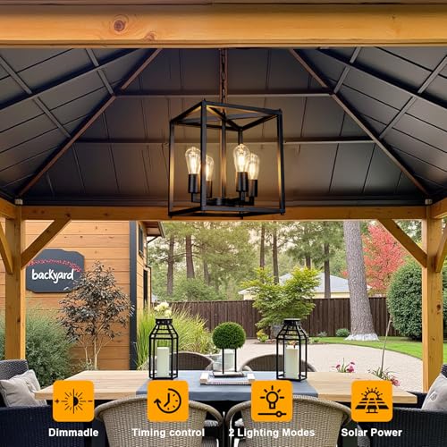 ALL FORTUNE Solar Chandelier Outdoor, 14" Farmhouse Waterproof Dimmable Hanging Pendant Lights for Gazebo, Pergola, Canopy Decor - Image 2