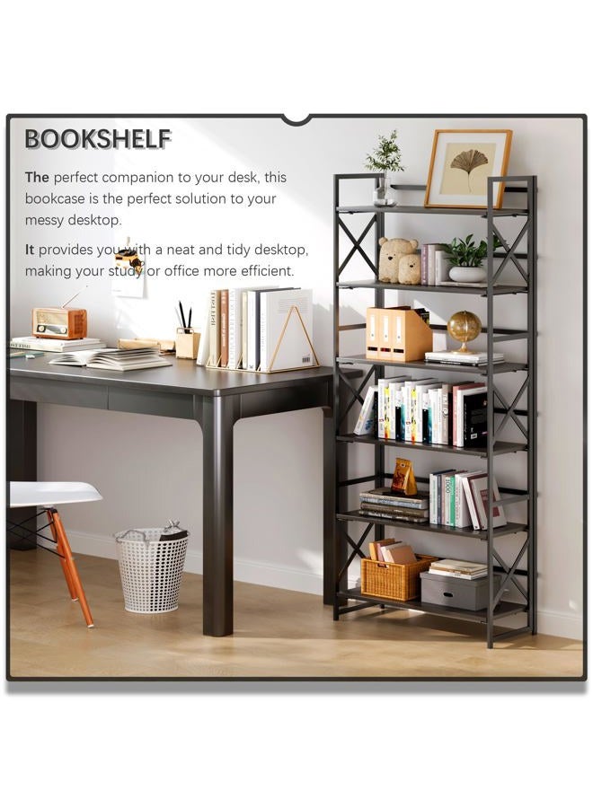 4NM 6 Tiers No Assembly Book Shelves, Black Folding Bookshelf Bookcase Open Industrial Foldable Shelves for Bedroom, Living Room, Home Office - All Black - Image 2