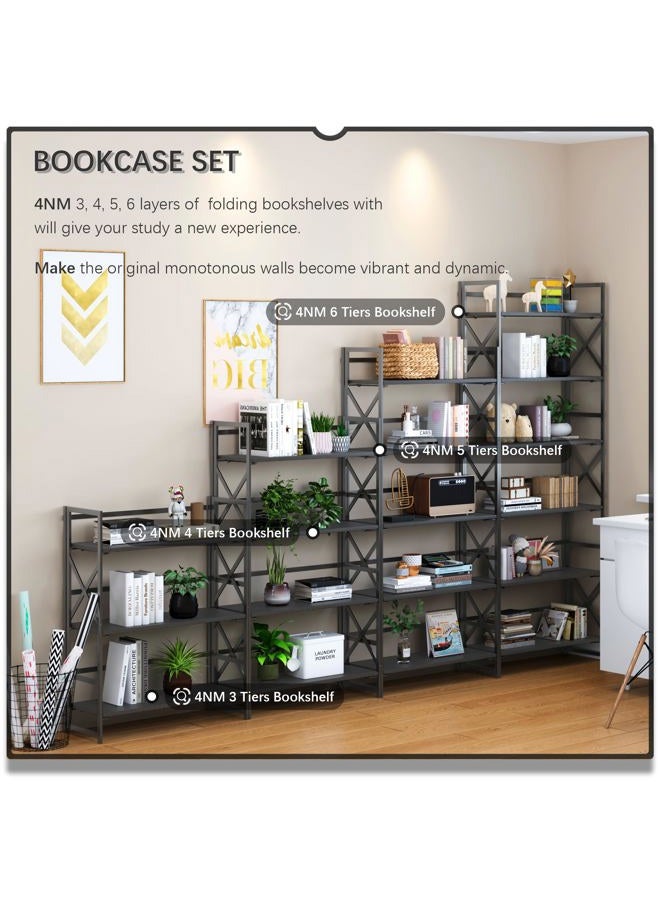 4NM 6 Tiers No Assembly Book Shelves, Black Folding Bookshelf Bookcase Open Industrial Foldable Shelves for Bedroom, Living Room, Home Office - All Black - Image 4