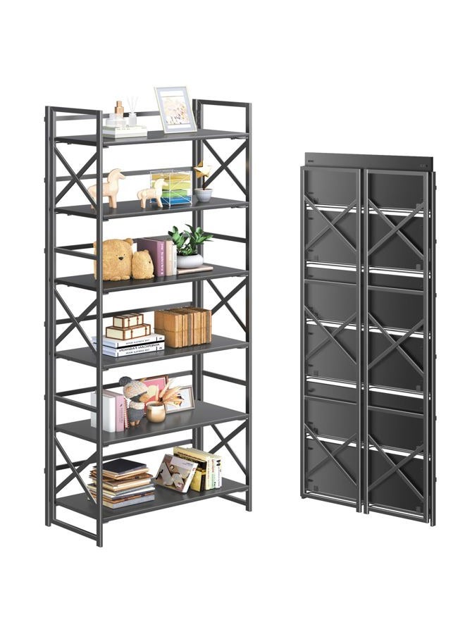 4NM 6 Tiers No Assembly Book Shelves, Black Folding Bookshelf Bookcase Open Industrial Foldable Shelves for Bedroom, Living Room, Home Office - All Black - Image 1