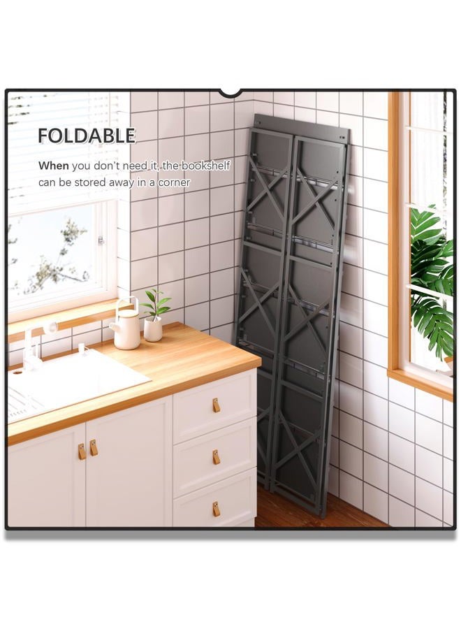 4NM 6 Tiers No Assembly Book Shelves, Black Folding Bookshelf Bookcase Open Industrial Foldable Shelves for Bedroom, Living Room, Home Office - All Black - Image 3