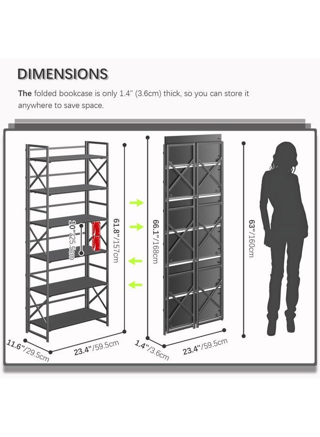 4NM 6 Tiers No Assembly Book Shelves, Black Folding Bookshelf Bookcase Open Industrial Foldable Shelves for Bedroom, Living Room, Home Office - All Black - Image 5