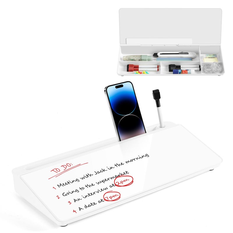 VUSIGN Glass Desktop Whiteboard with Storage, Small Organizer Dry Erase Board Desk Board Buddy White Board, Desktop Computer Pad for Notetaking, Desk Whiteboard for Office, Home, School Supplies - Image 1