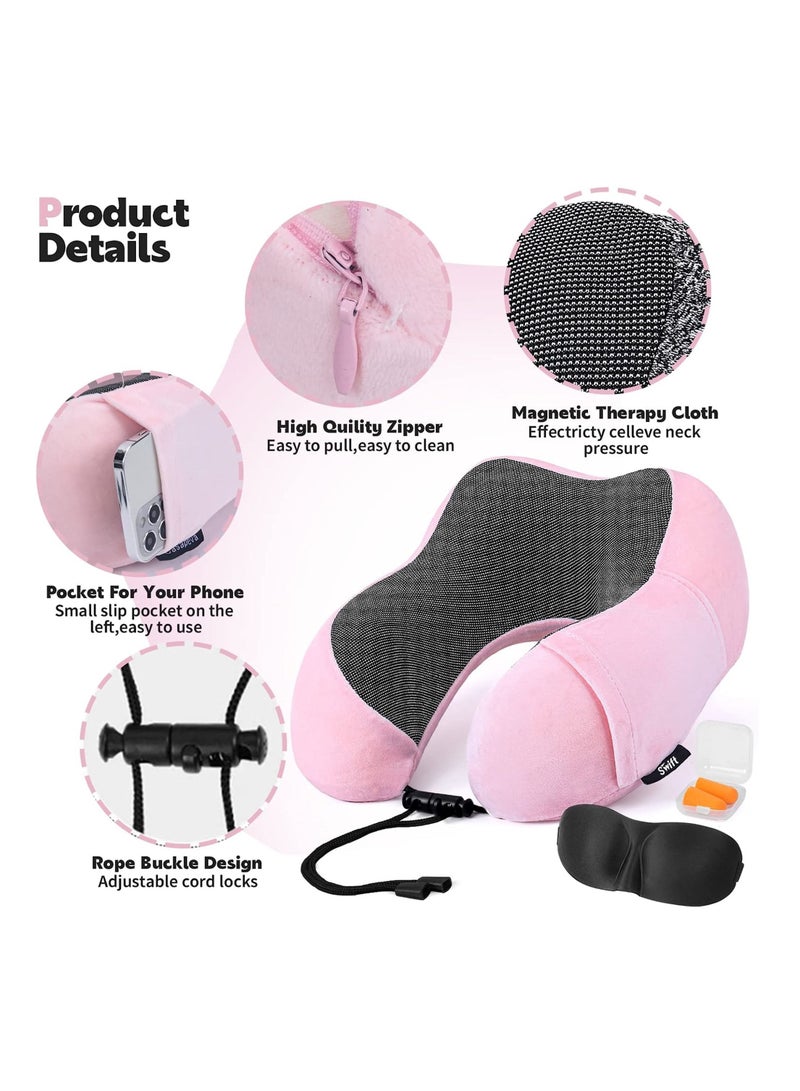 Swift Travel Pillow, Memory Foam, Airplane Neck Pillow with 3D Contoured Eye Masks, Earplugs and Storage Bag for Sleeping Rest, Pink - Image 2