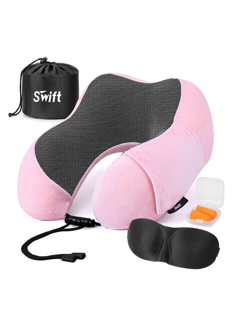 Swift Travel Pillow, Memory Foam, Airplane Neck Pillow with 3D Contoured Eye Masks, Earplugs and Storage Bag for Sleeping Rest, Pink - Image 1