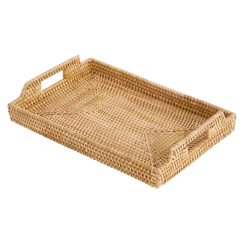 Kmelep Rattan Rectangular Serving Tray with Handles, Hand-Woven Wicker Decorative Tray for Coffee Table,Vintage Boho Style Decor for Dining, Kitchen, Bathroom, Outdoor(14.4"x10.4"x1.4") - Image 1