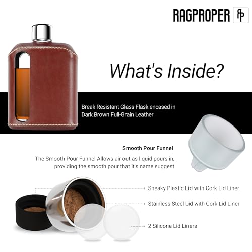 Ragproper Leather Glass Hip Flask Set – Durable Whiskey & Liquor Flasks for Men & Women, Single Shot 3.4oz (100ml) + Double Shot 8oz (240ml), Premium Genuine Leather, Ideal Glass Flask, Dark Brown - Image 4