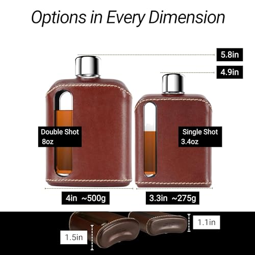 Ragproper Leather Glass Hip Flask Set – Durable Whiskey & Liquor Flasks for Men & Women, Single Shot 3.4oz (100ml) + Double Shot 8oz (240ml), Premium Genuine Leather, Ideal Glass Flask, Dark Brown - Image 3