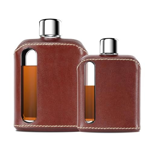 Ragproper Leather Glass Hip Flask Set – Durable Whiskey & Liquor Flasks for Men & Women, Single Shot 3.4oz (100ml) + Double Shot 8oz (240ml), Premium Genuine Leather, Ideal Glass Flask, Dark Brown - Image 1